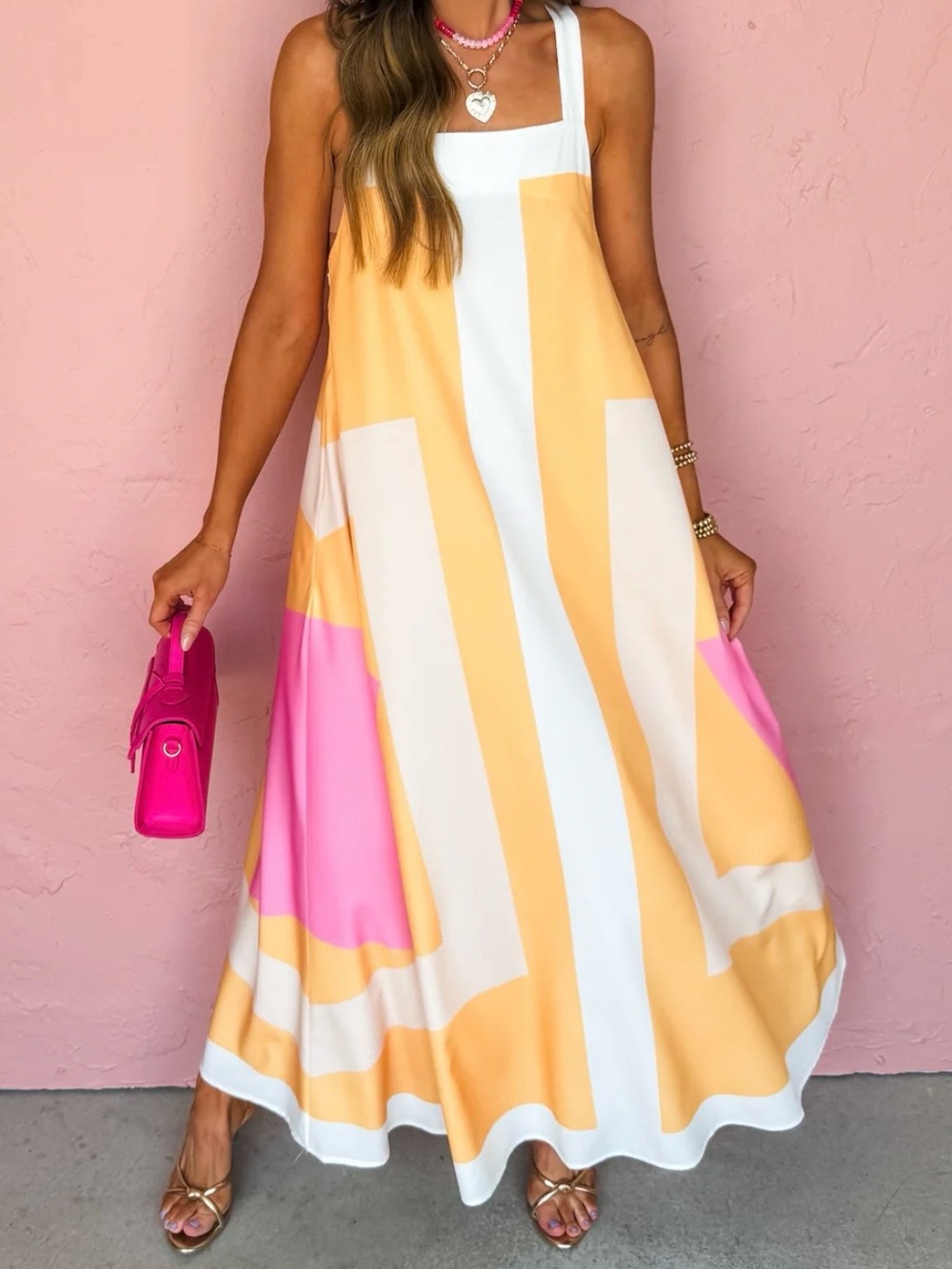 SundayUp Brand New Women's Colorblock Maxi Dress in yellow, Pink & White